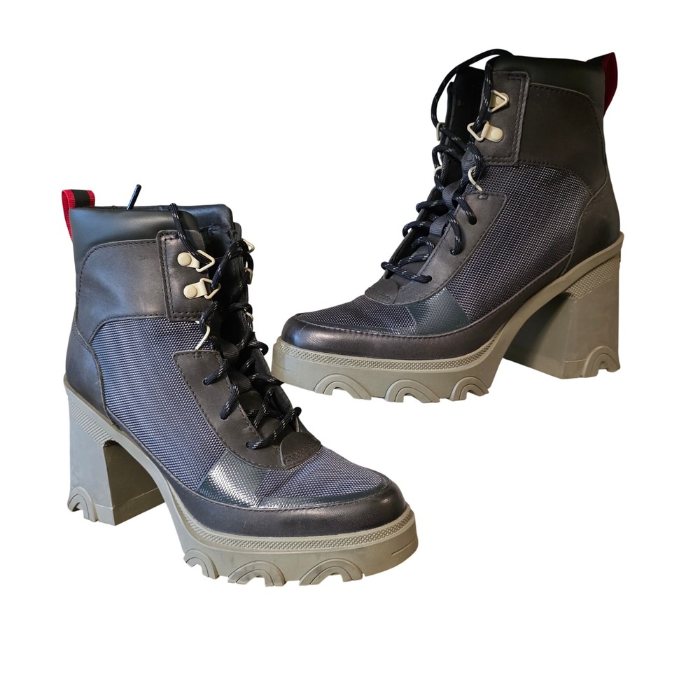 Sorel Brex Boot Lace Black Brown Block Heel Lug Sole Boots NL4353-367‎ Womens 8